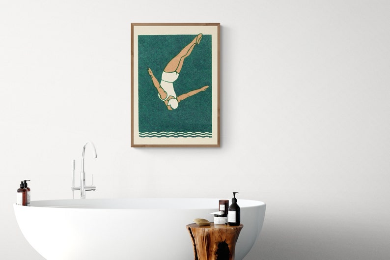 Diver Print Art Deco Print Vintage Maritime Style Bathroom Decor Swimming Poster image 4