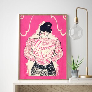 Tattoo Print Vintage Tattooed Man Traditional Tattoo Artist Tattoo Shop Decor Tattoo Studio Wall Art Gift Pink