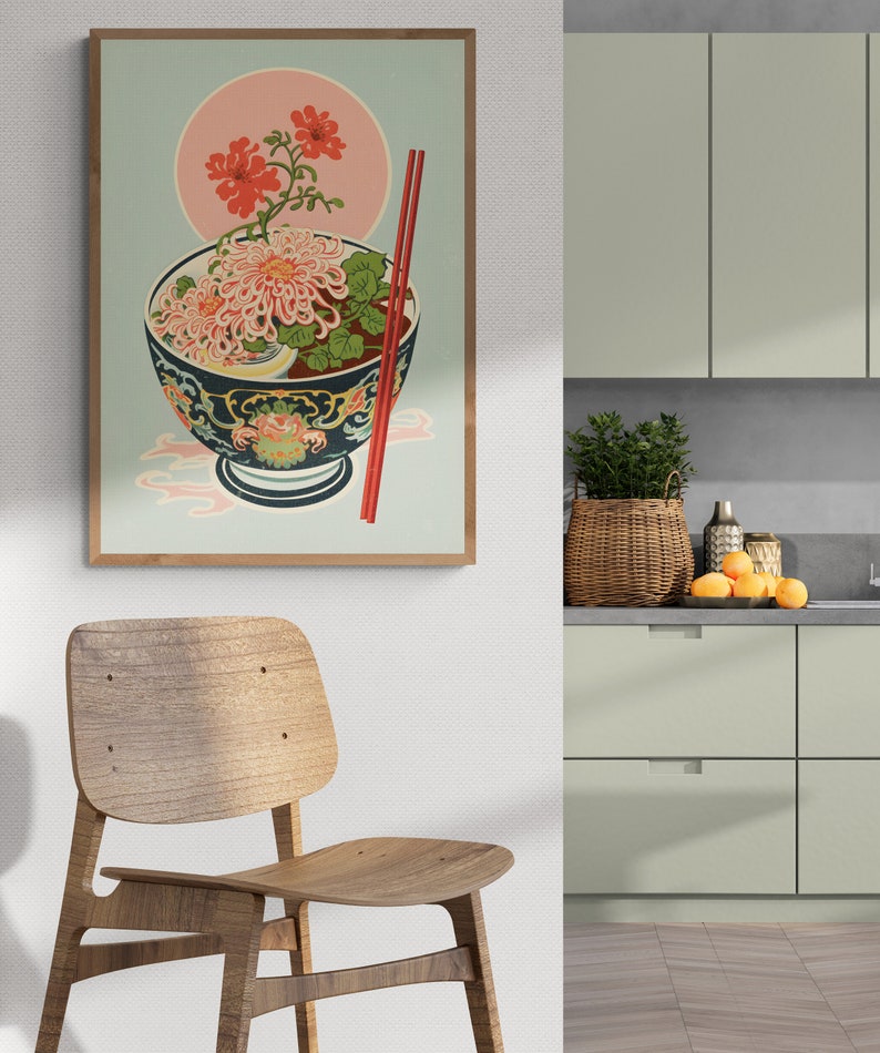 Vintage Floral Ramen Print Kitchen Wall Art Colorful Retro Gift Unique Home Decor Asian Noodle Design Pastel Aesthetics image 2