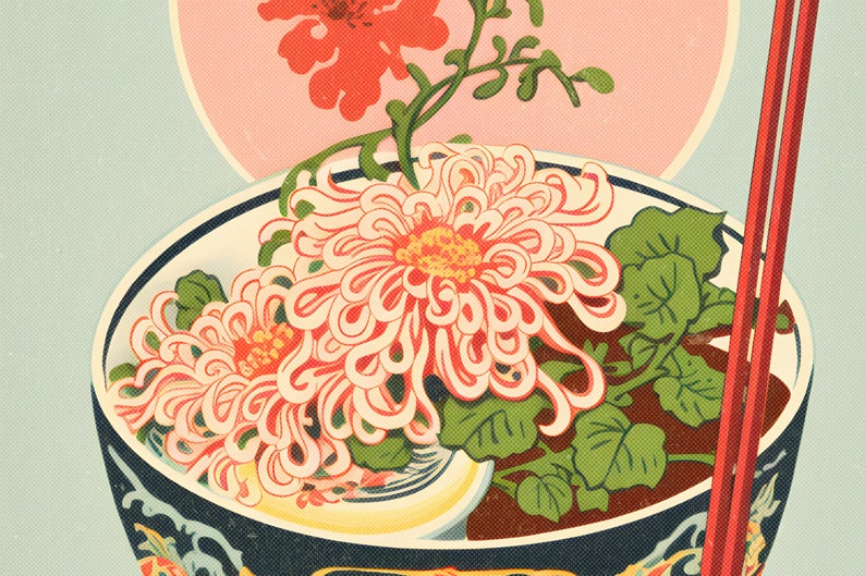 Vintage Floral Ramen Print Kitchen Wall Art Colorful Retro Gift Unique Home Decor Asian Noodle Design Pastel Aesthetics image 4