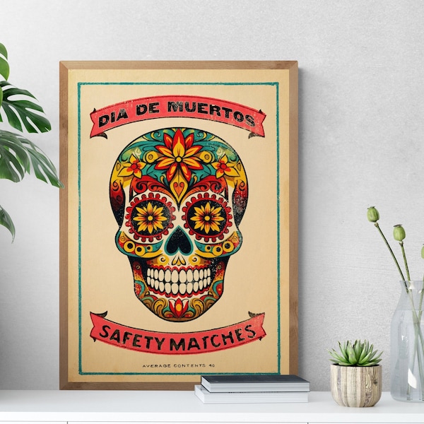 Impression du Jour des Morts mexicain | Art mural du Jour des Morts | style vintage | Affiche du crâne de sucre du Mexique | Décoration de maison