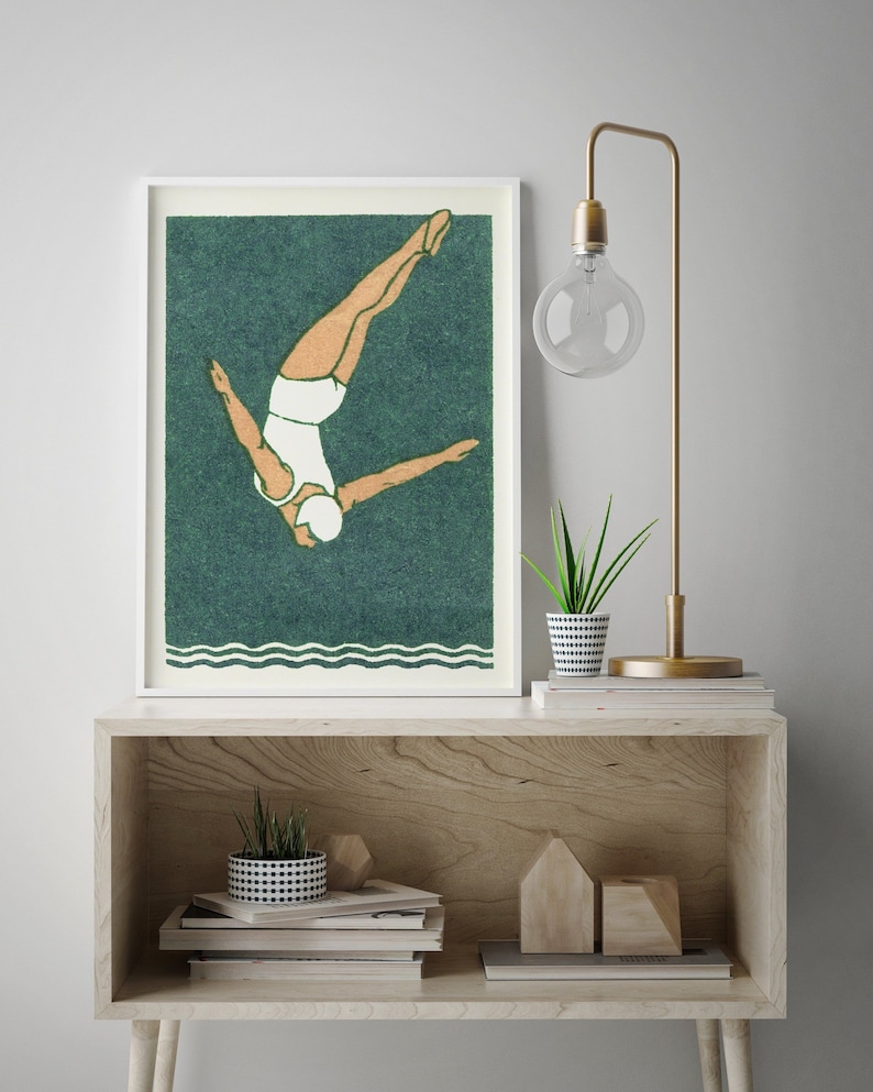 Diver Print Art Deco Print Vintage Maritime Style Bathroom Decor Swimming Poster image 1