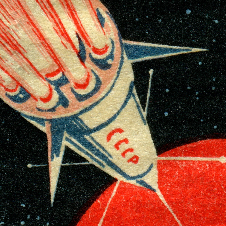 Vintage Soviet Space Rocket Art Print Retro Matchbox Label Design image 7