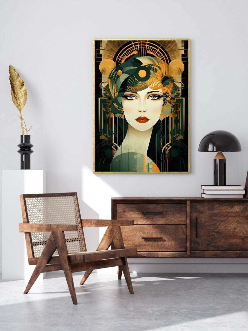 Art Deco Woman Print: Gold, Green & Black Elegance image 3