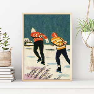 Stampa vintage di pattinaggio sul ghiaccio / Paesaggio invernale / Decorazione natalizia
