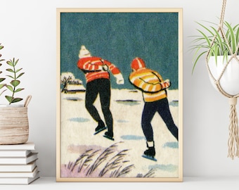 impression de patinage sur glace vintage | Paysage d'hiver | Décor de vacances