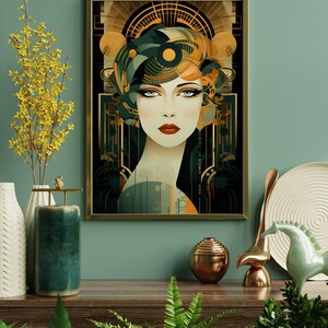 Art Deco Woman Print: Gold, Green & Black Elegance image 2