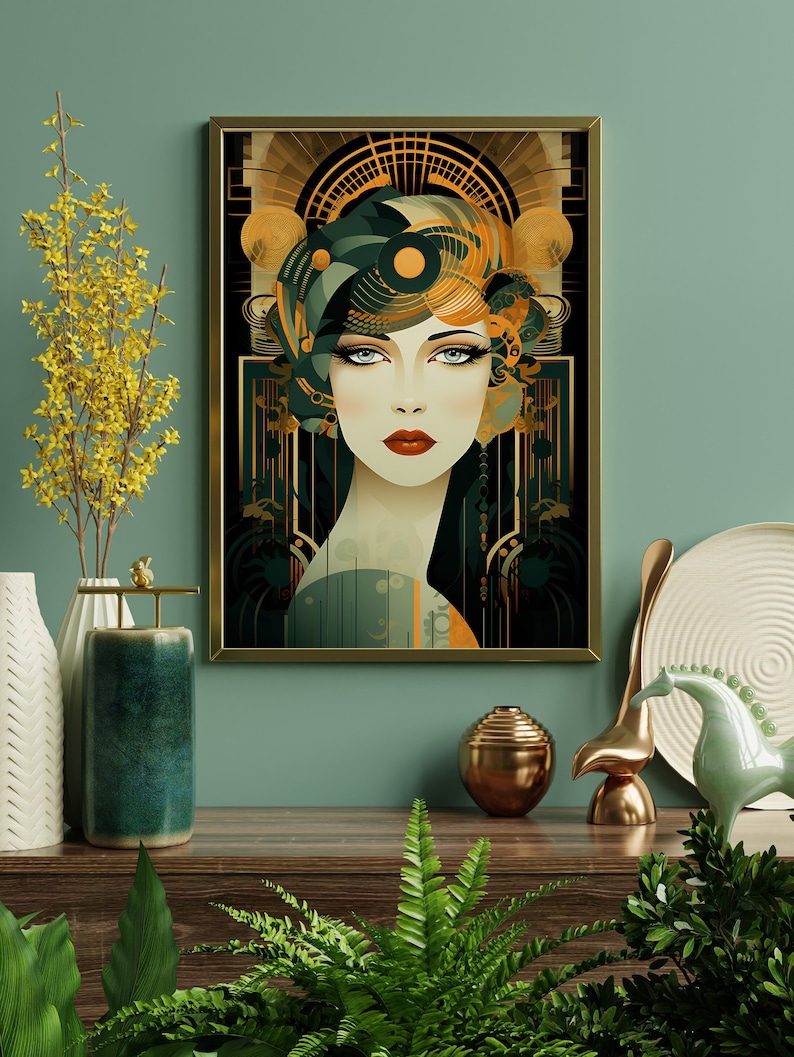Art Deco Woman Print: Gold, Green & Black Elegance image 2