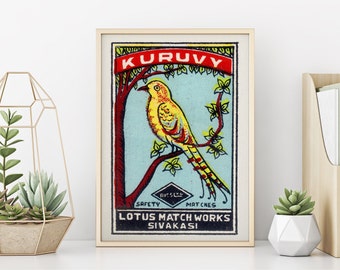 Vintage Lotus Bird Art Print: Tropical Matchbox Label Illustration