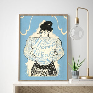 Tattoo Print Vintage Tattooed Man Traditional Tattoo Artist Tattoo Shop Decor Tattoo Studio Wall Art Gift Blue