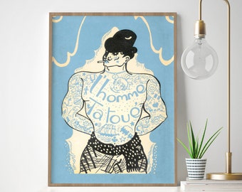 Vintage French Tattooed Man Print: Quirky Tattoo Studio Decor