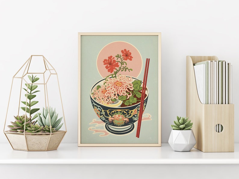 Vintage Floral Ramen Print Kitchen Wall Art Colorful Retro Gift Unique Home Decor Asian Noodle Design Pastel Aesthetics image 3
