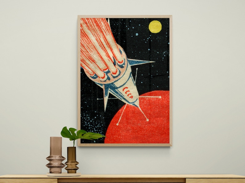 Vintage Soviet Space Rocket Art Print Retro Matchbox Label Design imagem 4