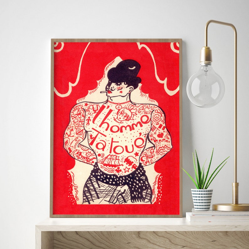 Tattoo Print Vintage Tattooed Man Traditional Tattoo Artist Tattoo Shop Decor Tattoo Studio Wall Art Gift Red