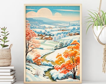 Rural Winter Landscape Art Print | Rustic Countryside Wall Decor | Winter Snow Scene