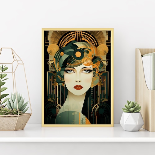 Impression femme art déco : élégance dorée, verte et noire
