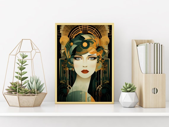 Art Deco Woman Print: Gold, Green & Black Elegance