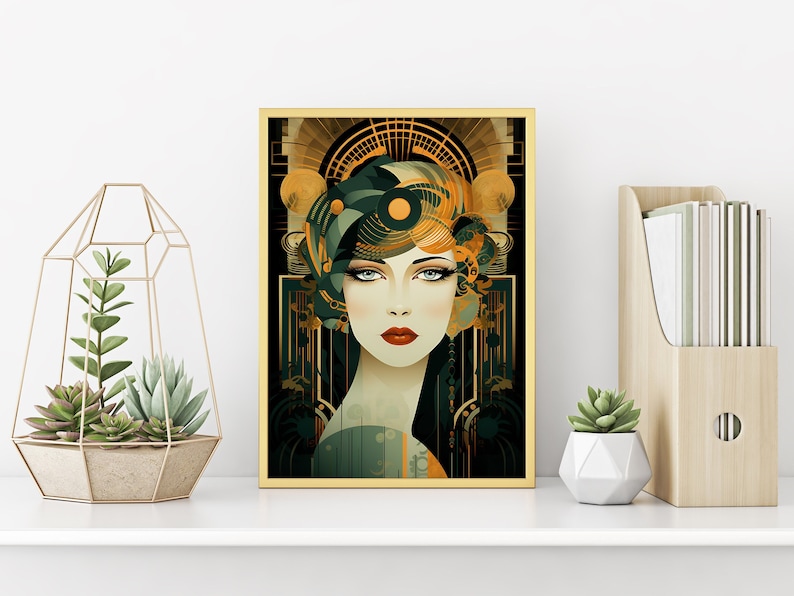 Art Deco Woman Print: Gold, Green & Black Elegance image 1