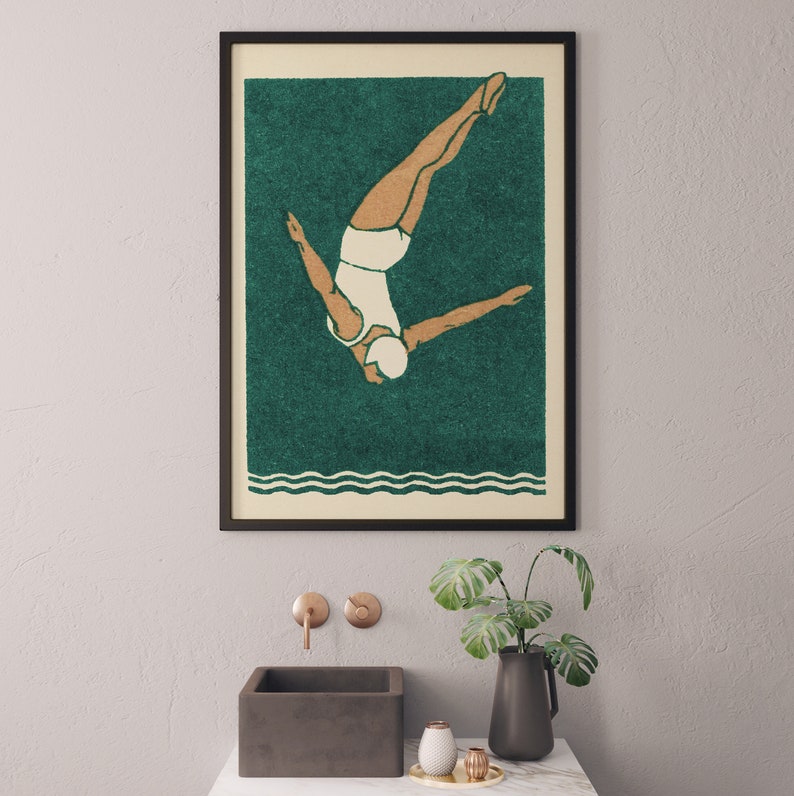 Diver Print Art Deco Print Vintage Maritime Style Bathroom Decor Swimming Poster image 2