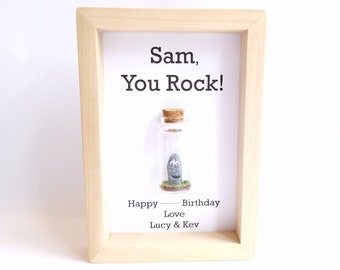 Small Personalised Presents For Mens Birthdays, 70th, 80th, 90th, 100th, You Rock, Handmade Frame With Miniature Glass Bottle