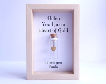 Personalised Thank You Gift, You Have A Heart of Gold, Miniature Glass Bottle With Frame