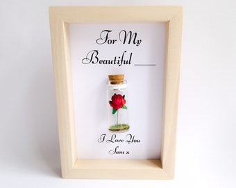 Personalised Auntie Gift, Framed Miniature Rose Glass Bottle