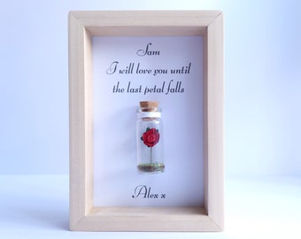 I Will Love You Until The Last Petal Falls, Romantic Personalised Quote, With A Miniature Glass Bottle