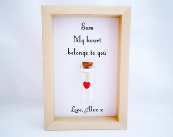 Unique Romantic Gift, Personalised Frame With A Miniature Glass Bottle