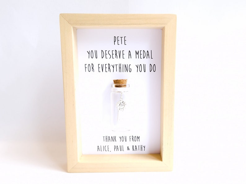 Thank You Gift Personalised, Unique You Deserve a Medal Frame With A Miniature Glass Bottle image 1