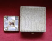 Scottie Dog Face Powder Compact - Mother of Pearl Abalone Shell Motiff in Red Velvet Lined Case 1950s Vintage
