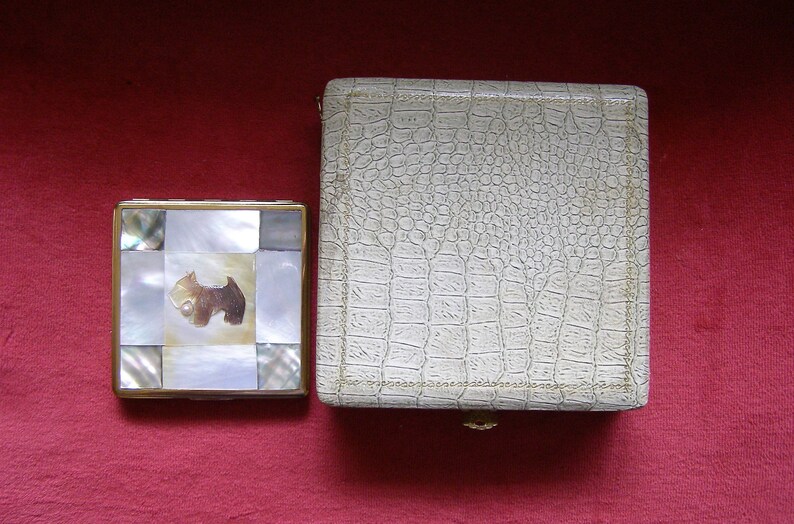 Scottie Dog Face Powder Compact Mother of PearlAbalone Shell Motiff in Red Velvet Lined Case 1950s Vintage