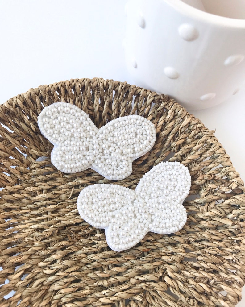 White Pearl Beaded Butterfly Applique Patch Motif Sash Headband Embellishment Felt Back