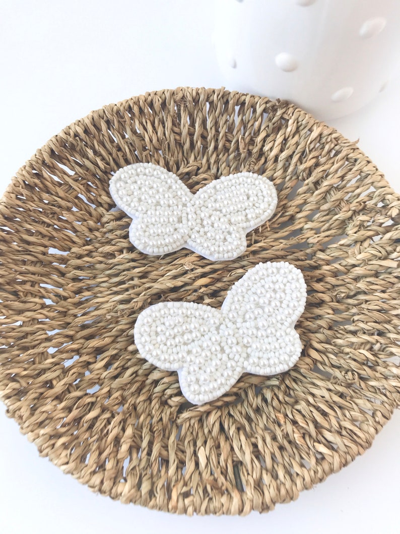 White Pearl Beaded Butterfly Applique Patch Motif Sash Headband Embellishment Felt Back