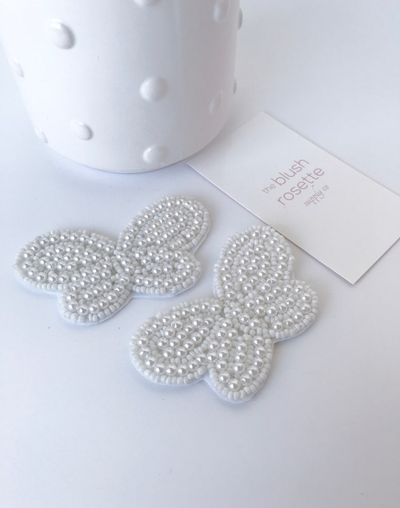 White Pearl Beaded Butterfly Applique Patch Motif Sash Headband Embellishment Felt Back