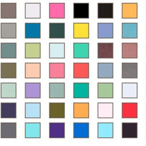 Puede incluir: Una cuadr&iacute;cula de 64 muestras de color, cada una dentro de un cuadrado negro. Los colores incluyen varios tonos de azul, rosa, verde, amarillo, rojo y tonos neutros como gris y beige. La disposici&oacute;n es una presentaci&oacute;n ordenada de opciones de color.