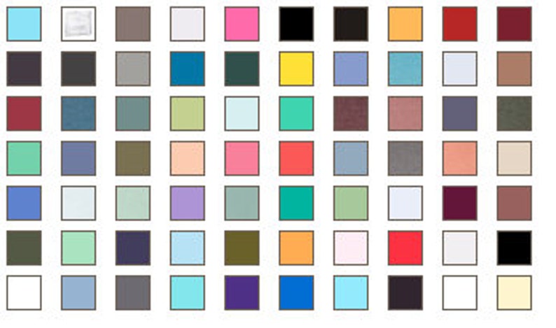 Puede incluir: Una cuadr&iacute;cula de 64 muestras de color, cada una dentro de un cuadrado negro. Los colores incluyen varios tonos de azul, rosa, verde, amarillo, rojo y tonos neutros como gris y beige. La disposici&oacute;n es una presentaci&oacute;n ordenada de opciones de color.