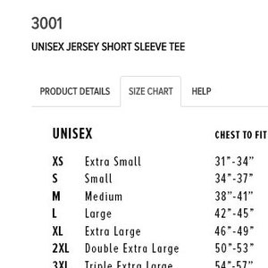 Puede incluir: Tabla de tallas de camiseta unisex de manga corta de punto de jersey blanco. Las tallas van desde extra peque&ntilde;a (79-86cm de pecho) hasta triple extra grande (137-145cm de pecho). La camiseta est&aacute; etiquetada como "3001".