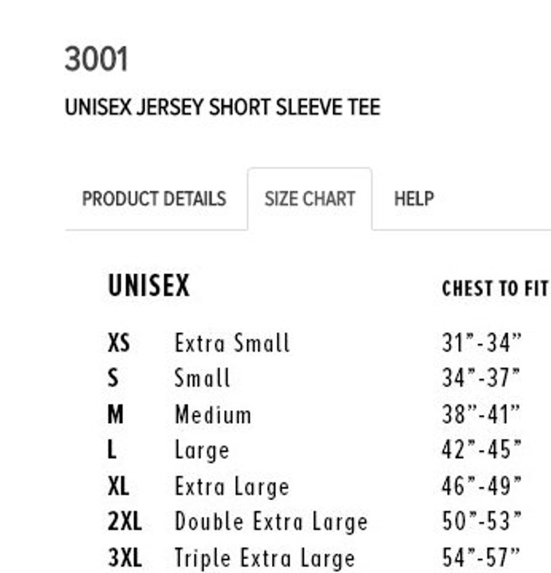 Puede incluir: Tabla de tallas de camiseta unisex de manga corta de punto de jersey blanco. Las tallas van desde extra peque&ntilde;a (79-86cm de pecho) hasta triple extra grande (137-145cm de pecho). La camiseta est&aacute; etiquetada como "3001".