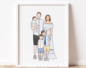 individuelles Porträt mit fünf Charakteren, digitale Dateien, personalisiertes Geschenk, Vatertagsgeschenk, Aquarellauftrag, Wanddekoration, große Familienzeichnung