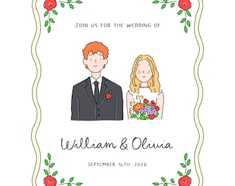 Custom Wedding Portrait From Photo, Personalised Illustration, Doodle Style, Valentine's Gift, Digital Download
