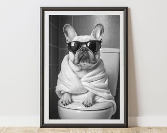 Frenchie Print French Bulldog On Toilet | Humorous Animal Art Poster Bathroom | Quirky Wall Decor
