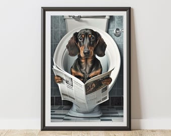 Dachshund Print On Toilet Reading A Newspaper Bathroom Poster | Humorous Animal Art | Quirky Sausage Dog Wall Decor for WC Ensuite