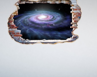 Galaxy Wall Decal Smashed Wall 3D Effect Outer Space Sticker Mural Outer Space Cracked Wall Graphic
