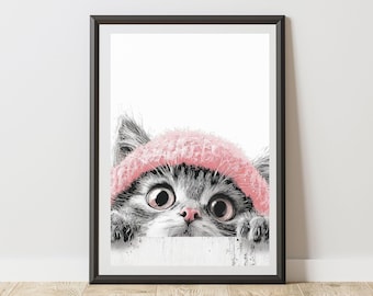 Kitten Print With Pink Headband Quirky Animal Wall Art Poster for Home, Study Decor