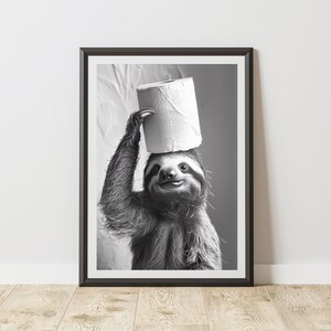 May include: Monochrome framed print of a sloth balancing a toilet roll on its head. The sloth is smiling, with its arm raised. The print is in a black frame, and the background is a neutral tone.