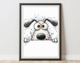 Animal Print Illustration Dog Peeking Wall Art Poster, Fun Sketch Decor for  Nursery, Kids Bedroom, Playroom, Home