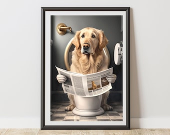 Retriever Print On Toilet Reading A Newspaper Bathroom Poster | Humorous Animal Art | Quirky Dog Wall Decor for WC Ensuite
