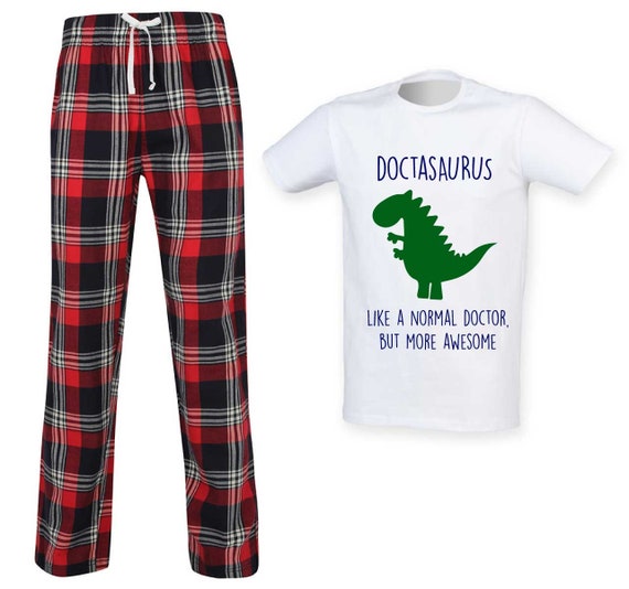 Mens Doctor Dinosaur Pyjamas Doctasaurus Long Tartan PJ s