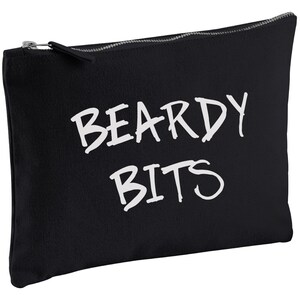May include: Black canvas zippered pouch with white text that reads "BEARDY BITS".