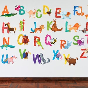 Alfabeto animal a todo color Niños Calcomanía de pared Dormitorio Sala de juegos educativa Guardería Pegatina de pared